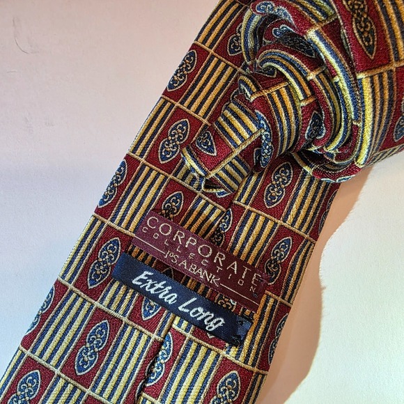 Jos. A. Bank Corporate Collection Tie Extra Long 62" All Silk Red Gold Blue Geo - Picture 4 of 5